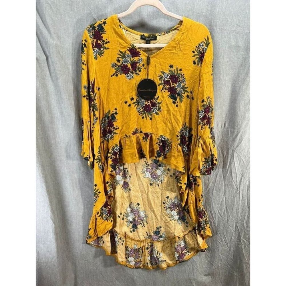 Caroline Morgan Shirt Women 8 Yellow Floral 3/4 Sleeve Long Pullover Ladies.‎
